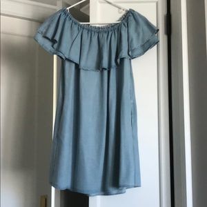 Zara chambray off the shoulder ruffle dress